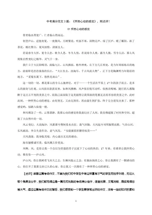 中考满分范文3篇：《怦然心动的感觉》,附点评!