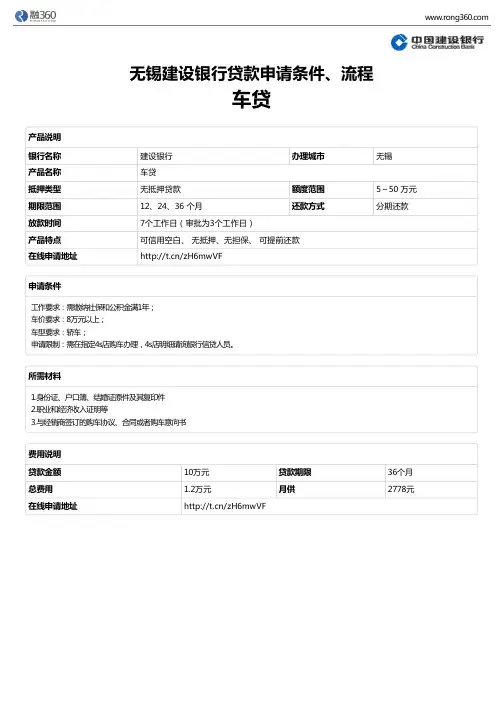 《车贷》无锡建设银行-无抵押贷款-申请条件、材料、流程、利率