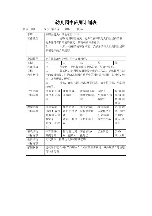 幼儿园中班周计划表(第六周)