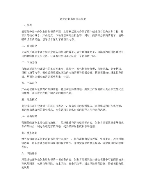 创业计划书如何写框架