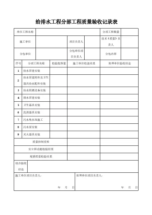 给排水工程分部工程质量验收记录表模板
