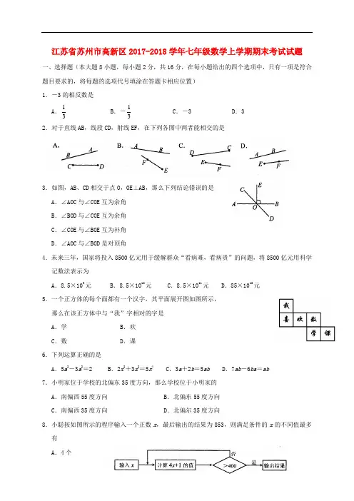 江苏省苏州市高新区2017_2018学年七年级上学期期末数学考试试卷含答案