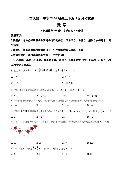 重庆市第一中学校2024届高三下学期5月月考测试数学试题(含答案与解析)_6502