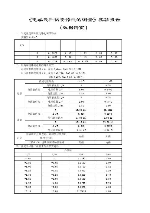 《电学元件伏安特性的测量》实验报告附页