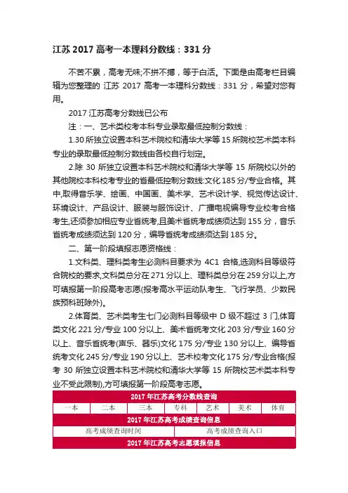 江苏2017高考一本理科分数线：331分