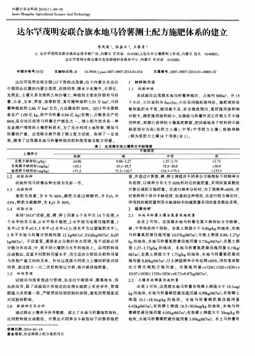 达尔罕茂明安联合旗水地马铃薯测土配方施肥体系的建立