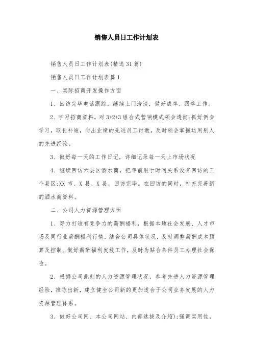 销售人员日工作计划表