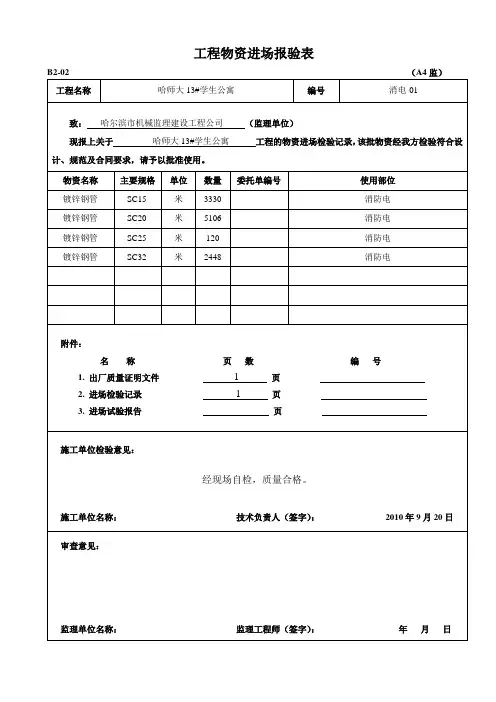 工程物资进场报验表、材料、构配件进场检验记录