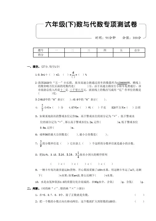人教版数学六年级下数与代数测试题及答案
