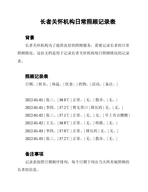 长者关怀机构日常照顾记录表