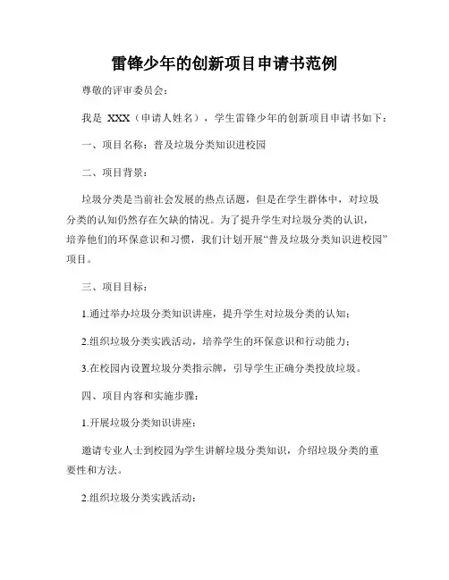 雷锋少年的创新项目申请书范例