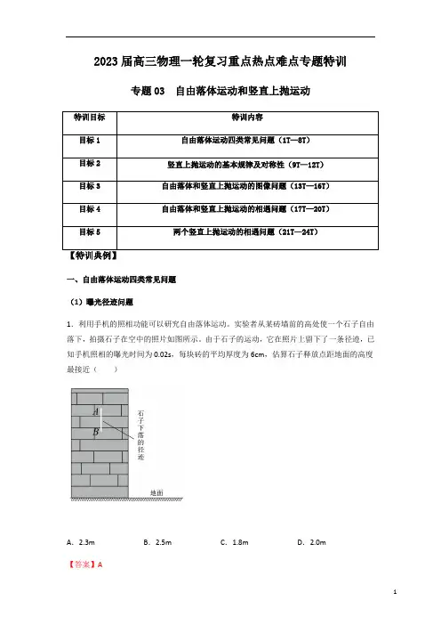 专题03 自由落体运动和竖直上抛运动(解析版)
