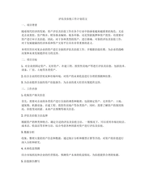 评估及估值工作计划范文