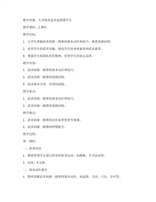 武术初级一路拳大学教案