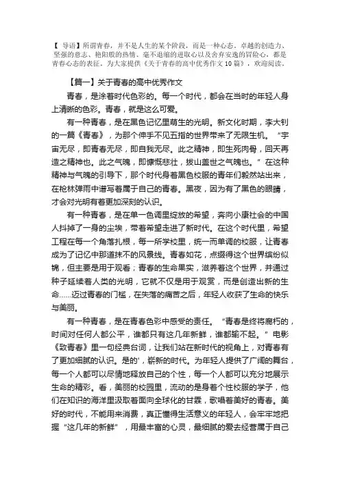 关于青春的高中优秀作文10篇