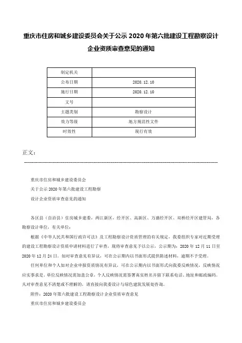 重庆市住房和城乡建设委员会关于公示2020年第六批建设工程勘察设计企业资质审查意见的通知-