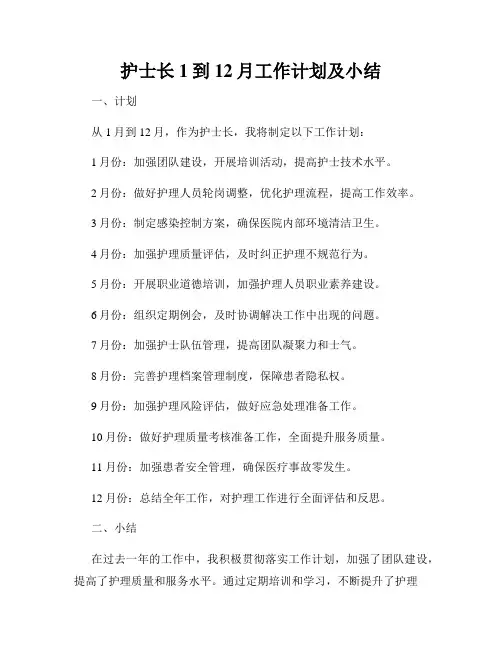 护士长1到12月工作计划及小结