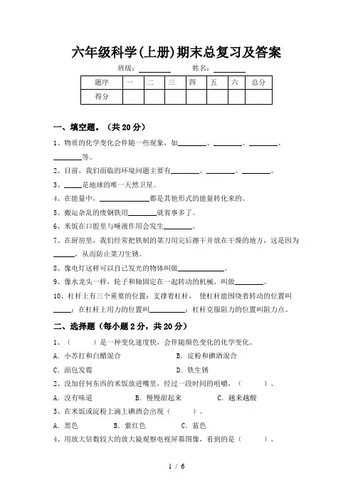六年级科学(上册)期末总复习及答案