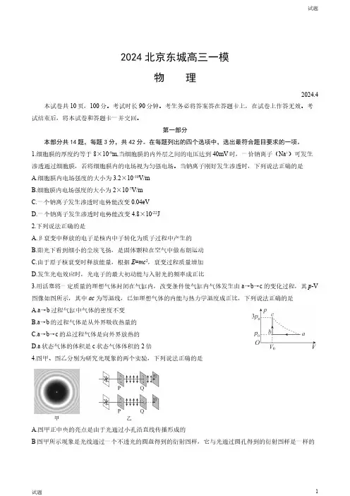2024北京东城区高三一模物理试题及答案