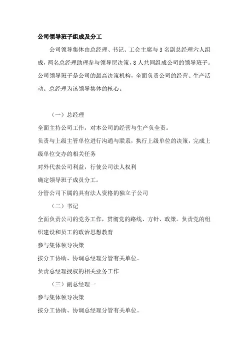 公司领导班子组成及分工