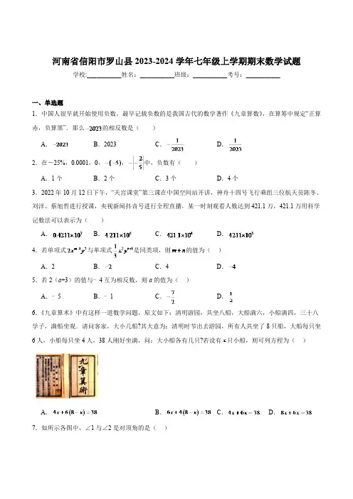 河南省信阳市罗山县2023-2024学年七年级上学期期末质量监测数学试卷(含解析)
