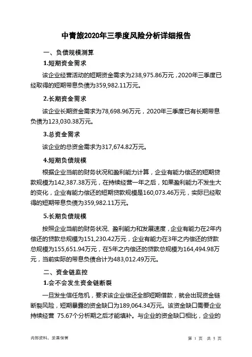 中青旅2020年三季度财务风险分析详细报告