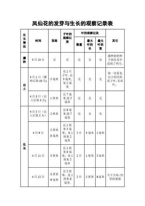 凤仙花的发芽与生长的观察记录表