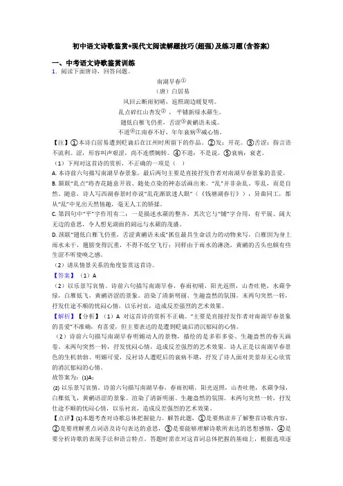 初中语文诗歌鉴赏+现代文阅读解题技巧(超强)及练习题(含答案)