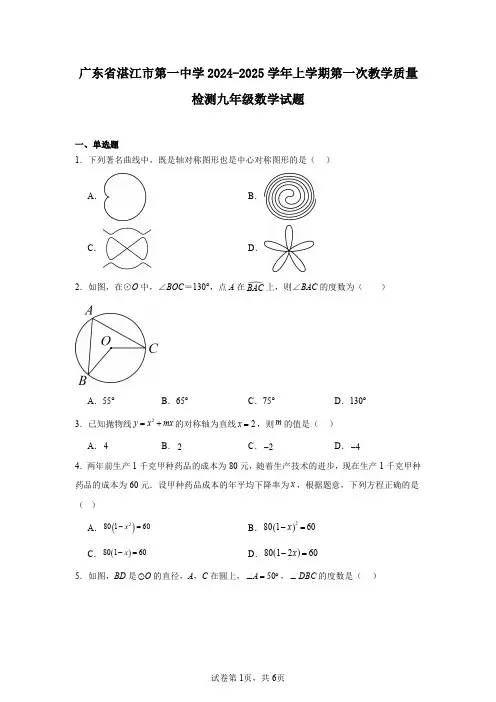 广东省湛江市第一中学2024-2025学年上学期第一次教学质量检测九年级数学试题