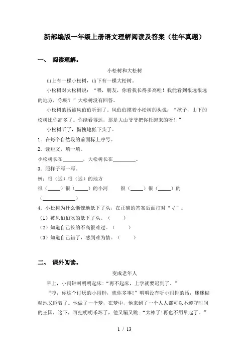新部编版一年级上册语文理解阅读及答案(往年真题)