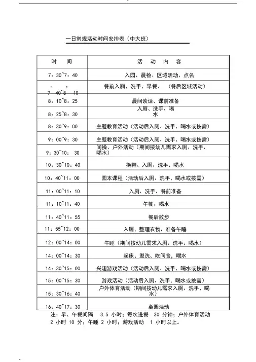 幼儿园一日常规活动时间安排表