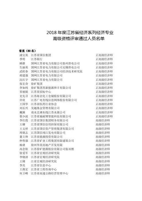 2018年度江苏经济系列经济专业
