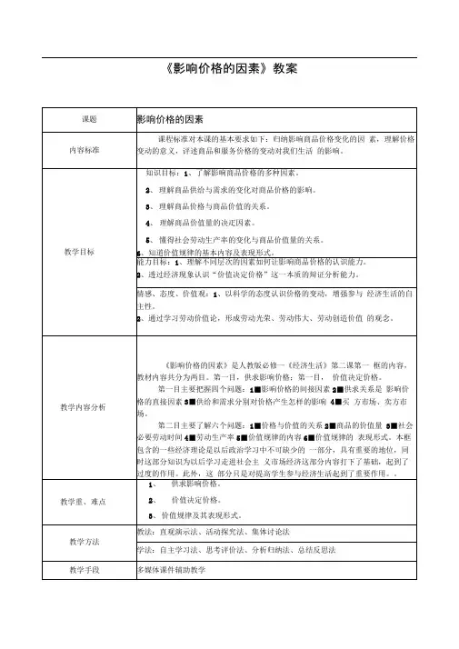 人教版必修一第二课第一框影响价格的因素教案