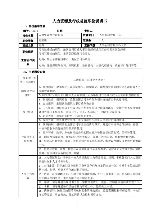 人力资源及行政总监职位说明书