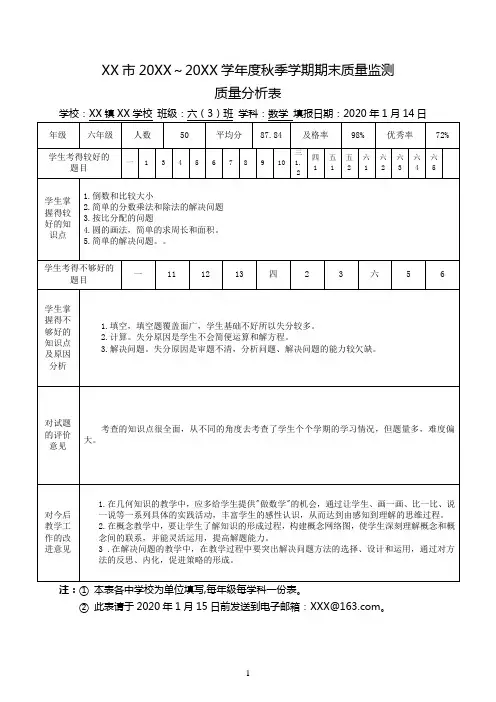 六年级上册数学期末考试质量分析表