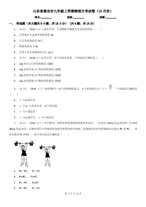 山东省泰安市九年级上学期物理月考试卷(10月份)