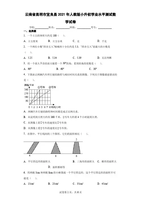 云南省昆明市宜良县2021年人教版小升初学业水平测试数学试卷(含答案解析)