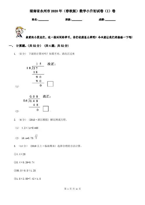 湖南省永州市2020年(春秋版)数学小升初试卷(I)卷