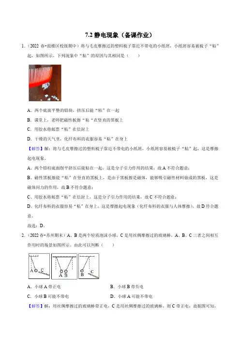 7.2静电现象(解析版)-2022-2023学年八年级物理下册同步精品课堂(苏科版)