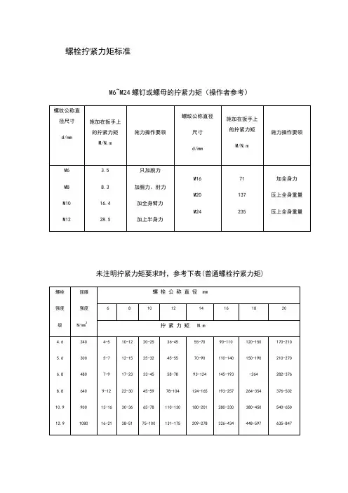 螺栓拧紧力矩要求要求规范