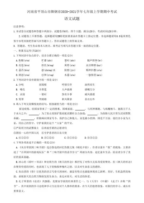 河南省平顶山市舞钢市2020-2021学年七年级上学期期中考试语文试题