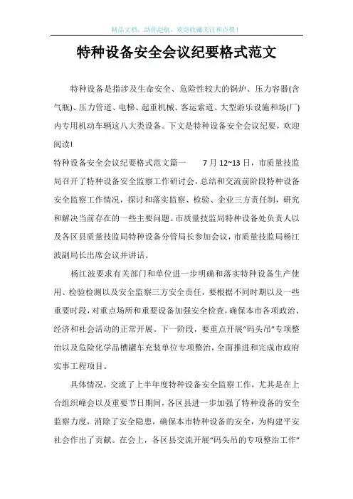 特种设备安全会议纪要格式范文