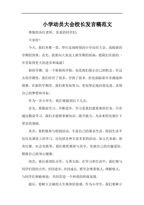 小学动员大会校长发言稿范文