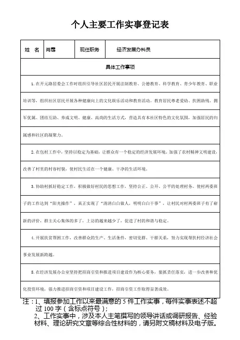 工作室人员个人主要实事登记表