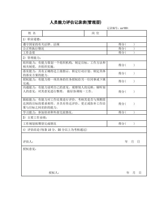 人员能力评估记录表(管理层)