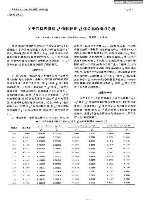 关于四格表资料χ 2值和校正χc 2值分布的模拟分析