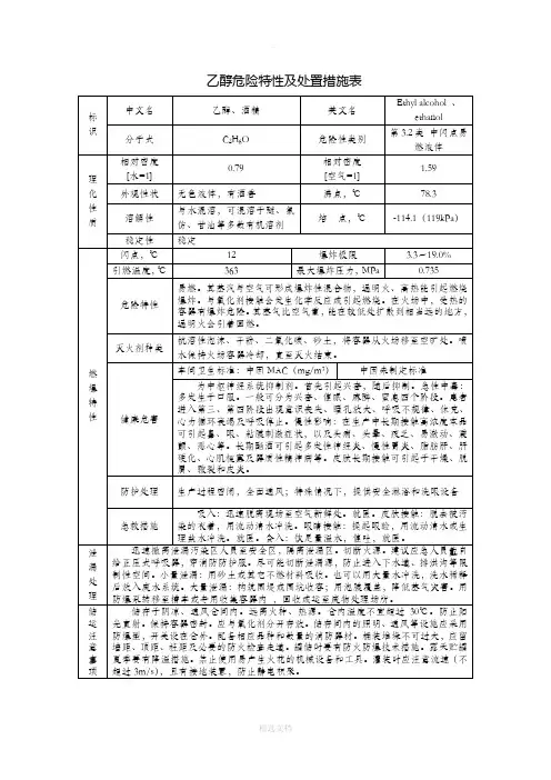 乙醇危险特性及处置措施表