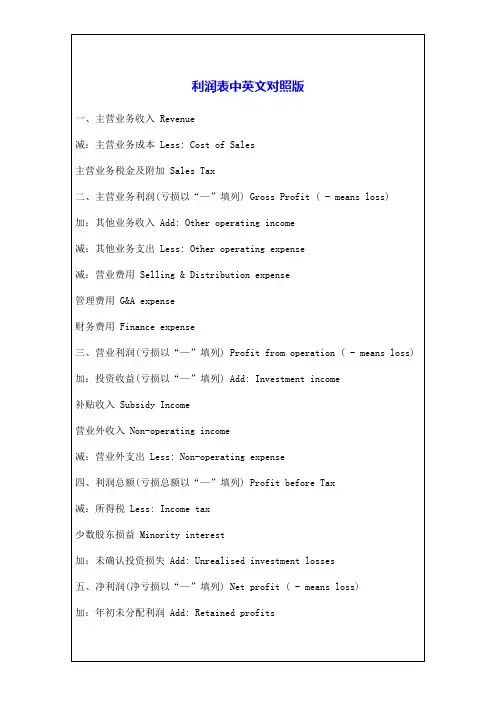 常见利润表中英文表达