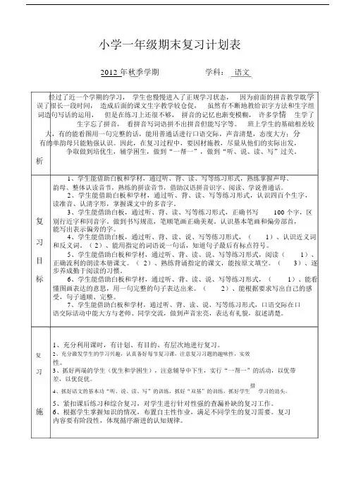 (完整)小学一年级期末复习计划表.docx