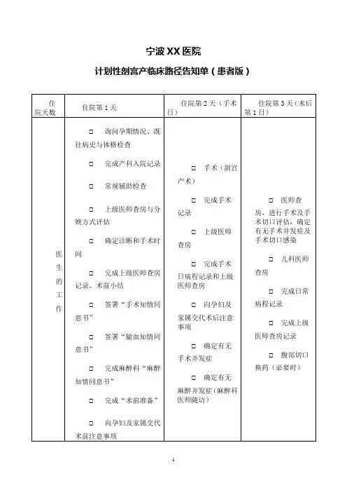 计划性剖宫产临床路径告知单(患者版)